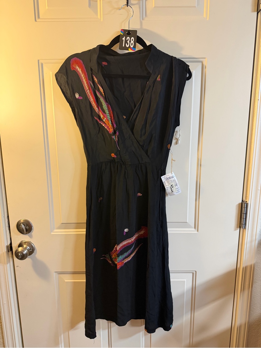 Vintage Black Bird Print Midi Dress Boho Festival XS/S